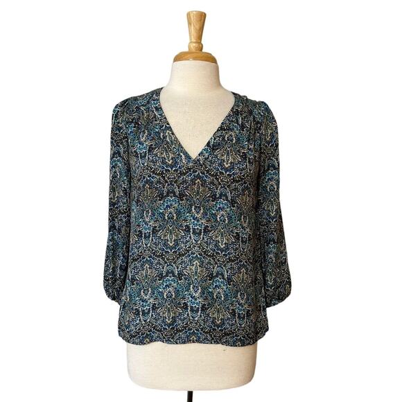 Joie Silk Blouse XS Extra Small Paisley V-Neck Elegant Draped Pullover Top Shirt - Picture 1 of 13